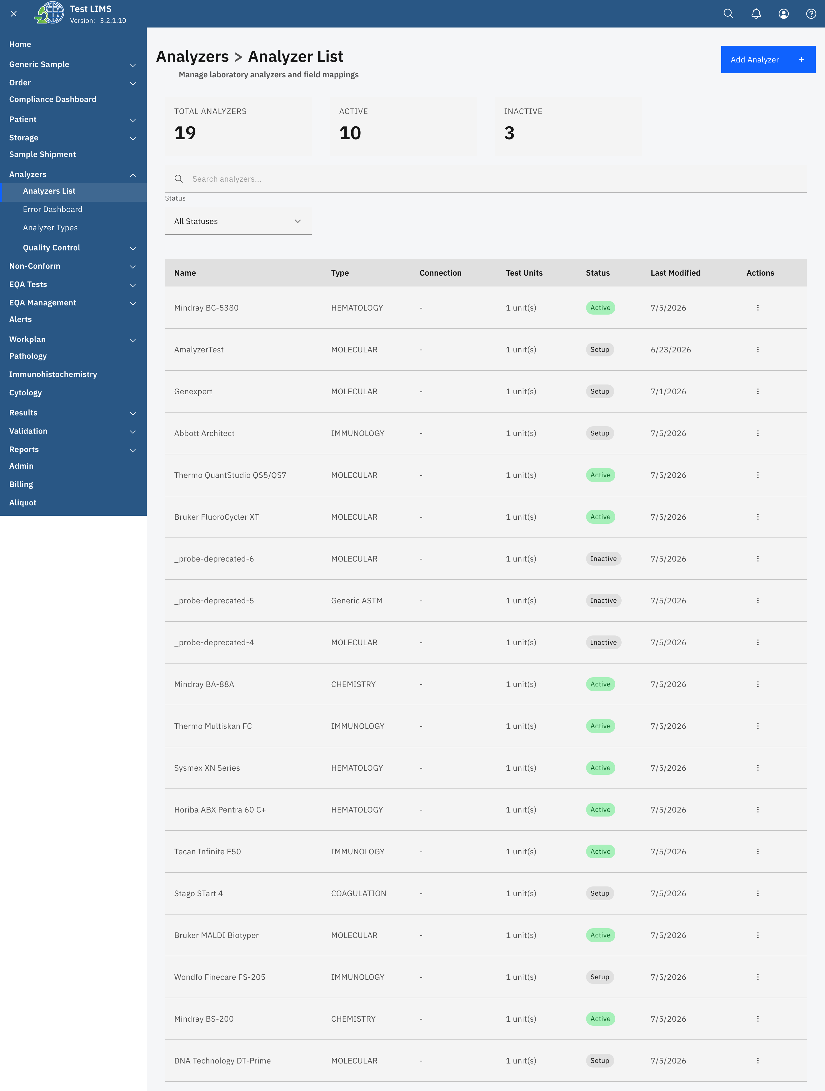Analyzer instruments list showing connected laboratory instruments