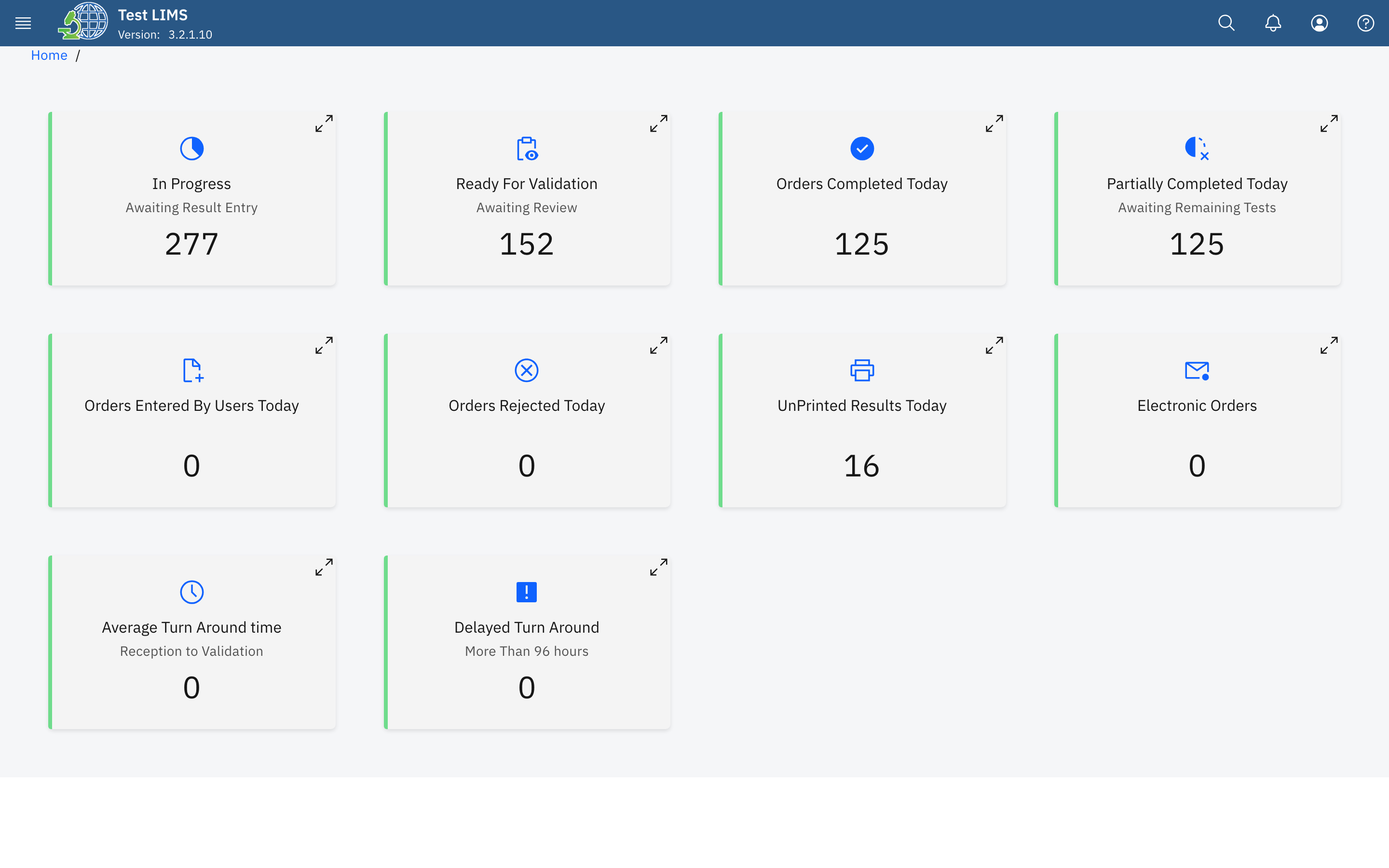 OpenELIS Global home dashboard showing live laboratory workload